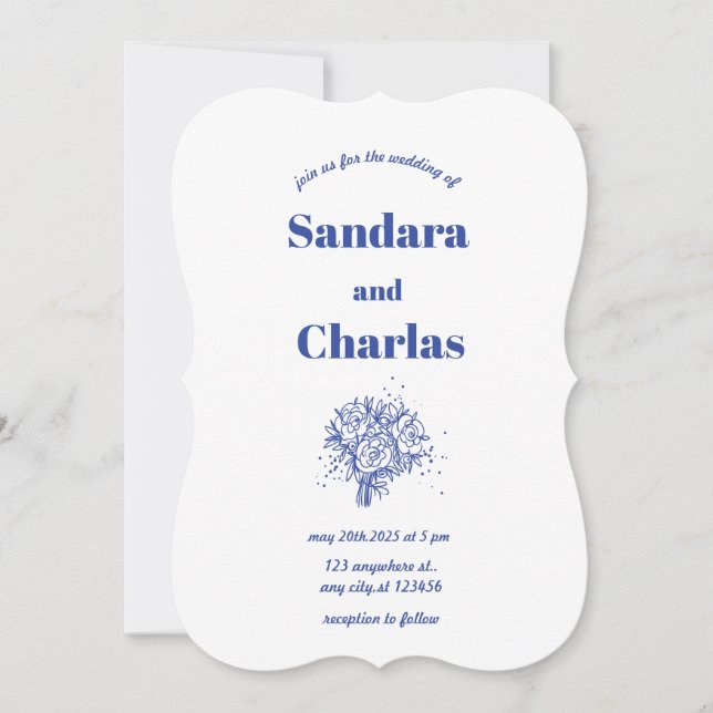 Convite Casamento Whimsic simples e escrito à mão azul (Frente)