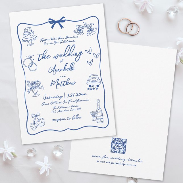Convite Casamento Whimsical Azul com Código QR Desenhado à (Hand Drawn QR Code Blue Whimsical Wedding Invitation)