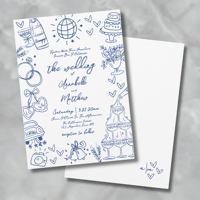 Convite Casamento Whimsical Azul Desenhado À Mão (Hand Drawn Bue Whimsical Wedding Invitation)