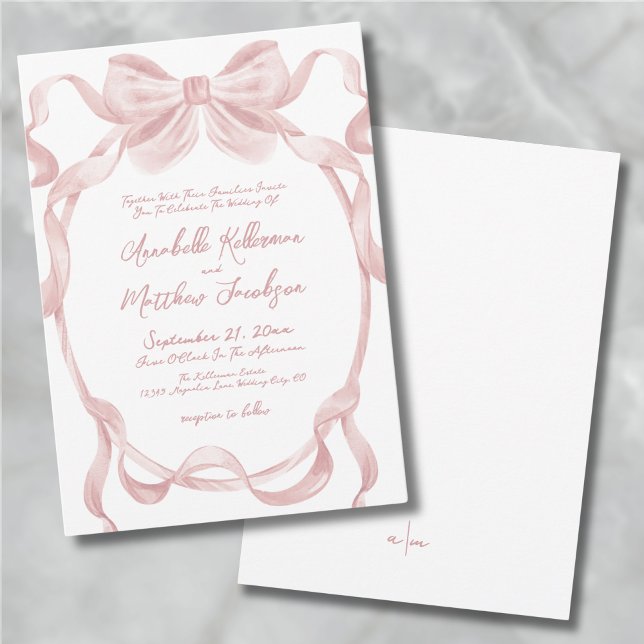 Convite Casamento Whimsical com Arco Rosa-Esmagador Elegan (Elegant Blush Pink Bow Whimsical Wedding Invitation)