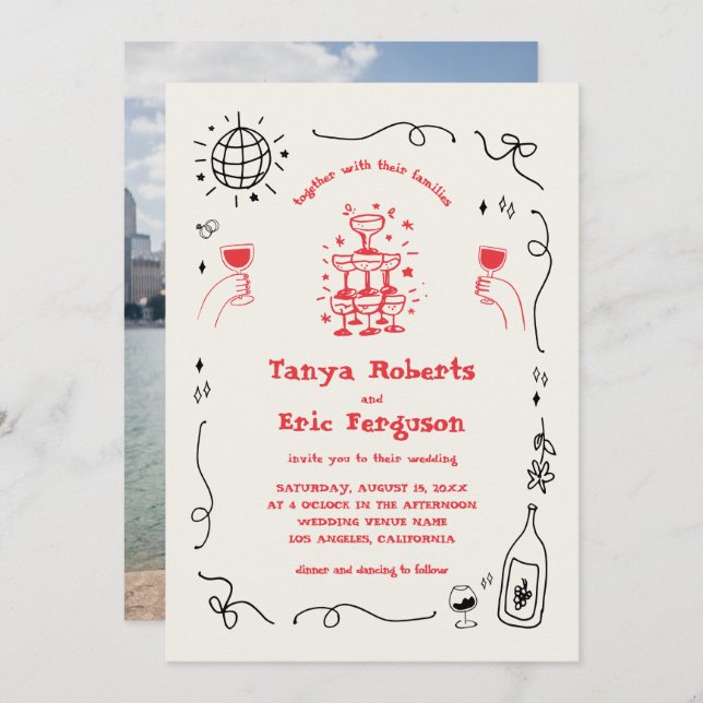 Convite Casamento Whimsical Com Campos De Champanhe Desenh (Frente/Verso)