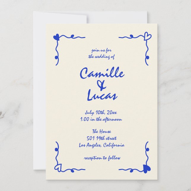 Convite Casamento Whimsical com Letra Azul (Frente)