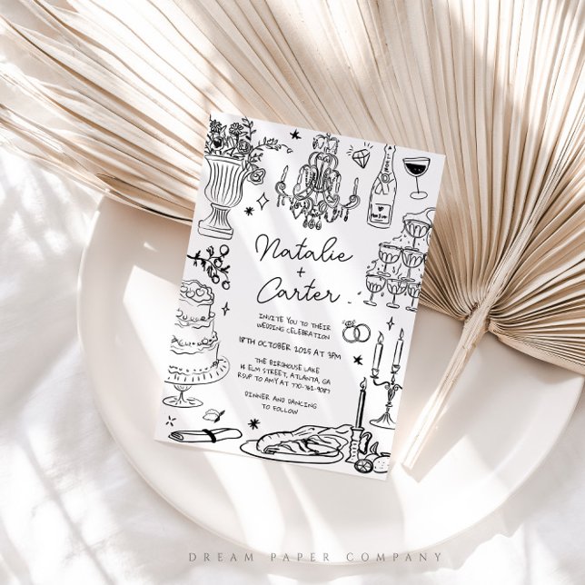 Convite Casamento Whimsical Desenhado à Mão Negra e Branca (Criador carregado)