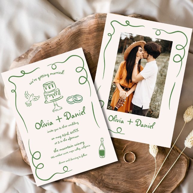 Convite Casamento Whimsical Verde Com Foto Vintage Desenha (Criador carregado)