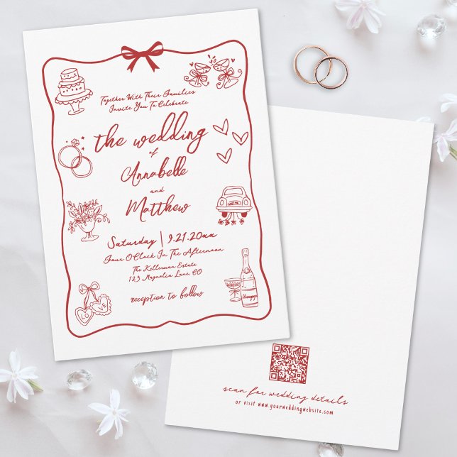 Convite Casamento Whimsical Vermelho com Código QR Desenha (Hand Drawn QR Code Red Whimsical Wedding Invitation)
