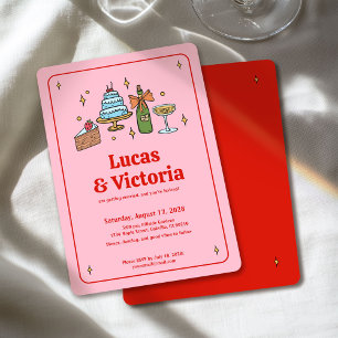Convite Casamento Whimsical Vermelho e Rosa Negrito Desenh