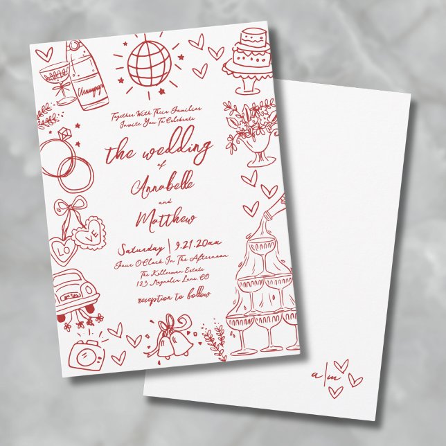 Convite Casamento Whimsical Vermelho Quirky em Mão Desenha (Hand Drawn Quirky Red Whimsical Wedding Invitation)