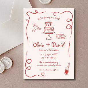 Convite Casamento Whimsical Vermelho Quirky Vermelho Desen