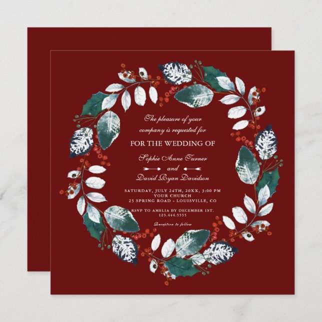 Convite Casamento Whimsical Winter Wreath Burgundy (Frente/Verso)