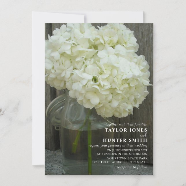 Convite Casamento White Hydrangeas Mason Jar (Frente)