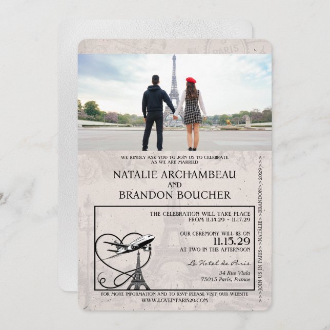 Convite Casamento White Paris Passport (Frente/Verso)