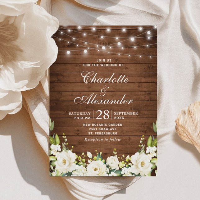 Convite Casamento Wood & White Roses Greenery Watercolor (Criador carregado)