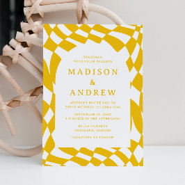 Convite Casamento Xadrez Amarelo Retrô