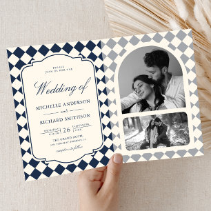 Convite Casamento Xadrez Azul Marinho Marfim Dinheiro Anti
