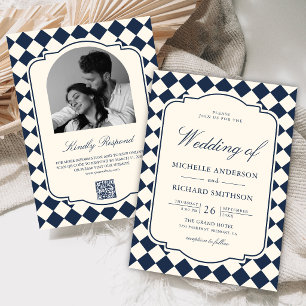 Convite Casamento Xadrez Azul Naval Marfim Dinheiro Antigo