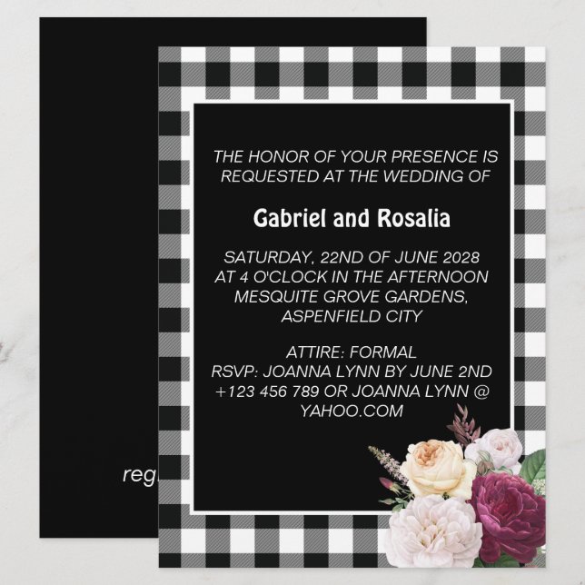 Convite Casamento Xadrez Búfalo Preto e Branco Rústico  (Frente/Verso)
