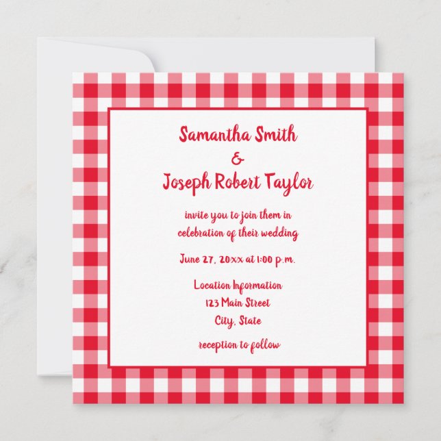 Convite Casamento Xadrez Gingham Vermelho e Branco (Frente)