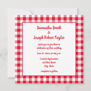 Convite Casamento Xadrez Gingham Vermelho e Branco
