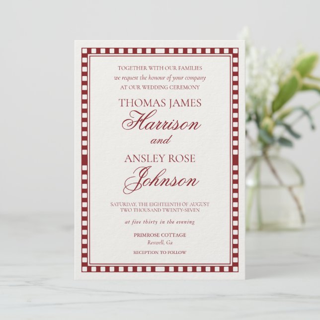 Convite Casamento Xadrez Harlequim Merlot Vermelho (Em pé/Frente)