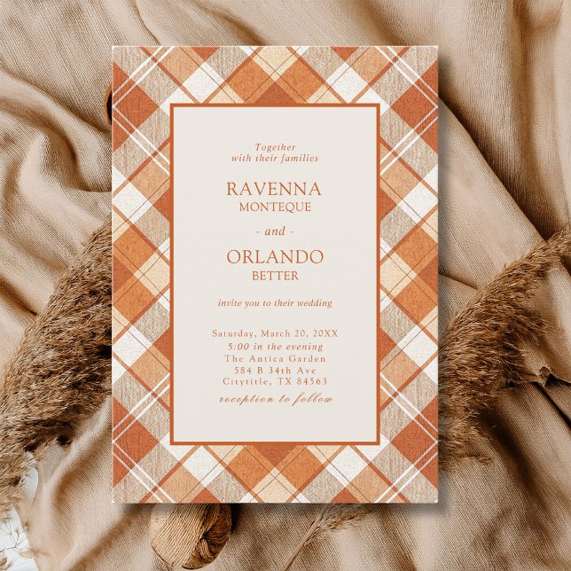 Convite Casamento Xadrez Laranja Desbotado Vintage (Criador carregado)