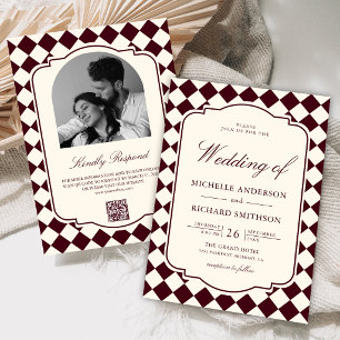 Convite Casamento Xadrez Marfim Antigo Estilo Burgundy