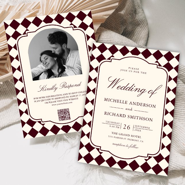 Convite Casamento Xadrez Marfim Antigo Estilo Burgundy (Criador carregado)
