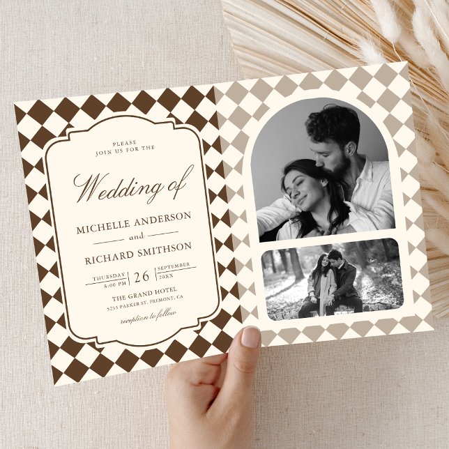 Convite Casamento Xadrez Marrom Marfim Dinheiro Antigo Vin (Criador carregado)