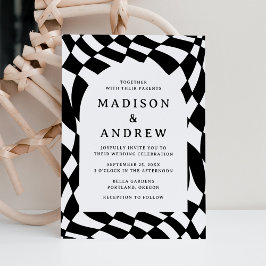 Convite Casamento Xadrez Preto e Branco Retro