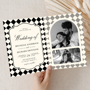 Convite Casamento Xadrez Preto Marfim Dinheiro Antigo Vint
