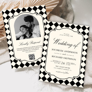 Convite Casamento Xadrez Preto Marfim Dinheiro Antigo Vint