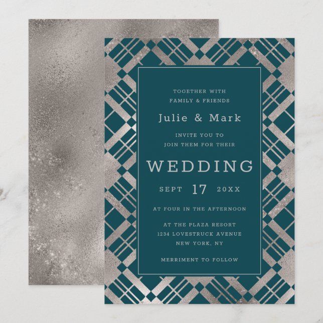 Convite Casamento Xadrez Rústico Prata e Qualquer Cor de F (Frente/Verso)