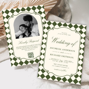 Convite Casamento Xadrez Verde Oliva Marfim Dinheiro Antig
