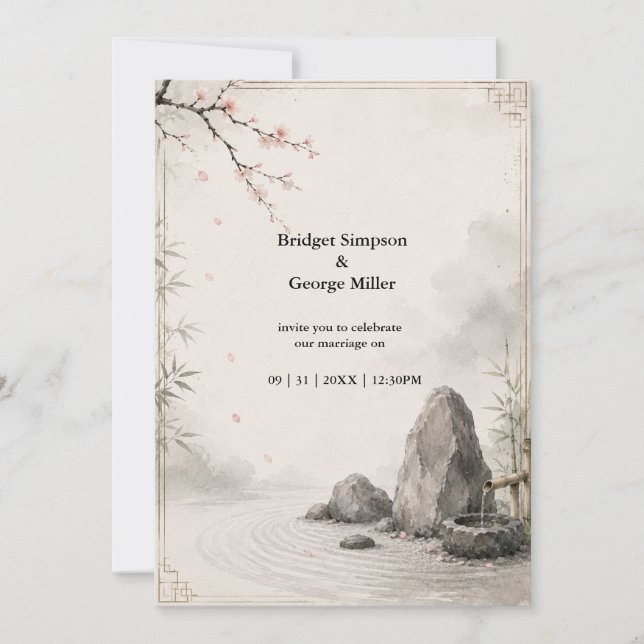 Convite Casamento Zen Sakura Harmonia Botânica (Frente)