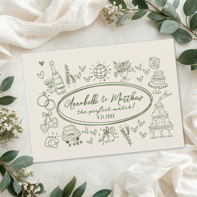 Convite Casamentos Combinados Funky Retro Desenhados à Mão (Hand Drawn Handwritten Funky Retro Wedding Matches Invitation )