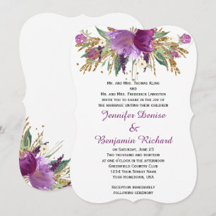 Convite Casamentos de Flores Douradas de Aquarela Roxo Ame