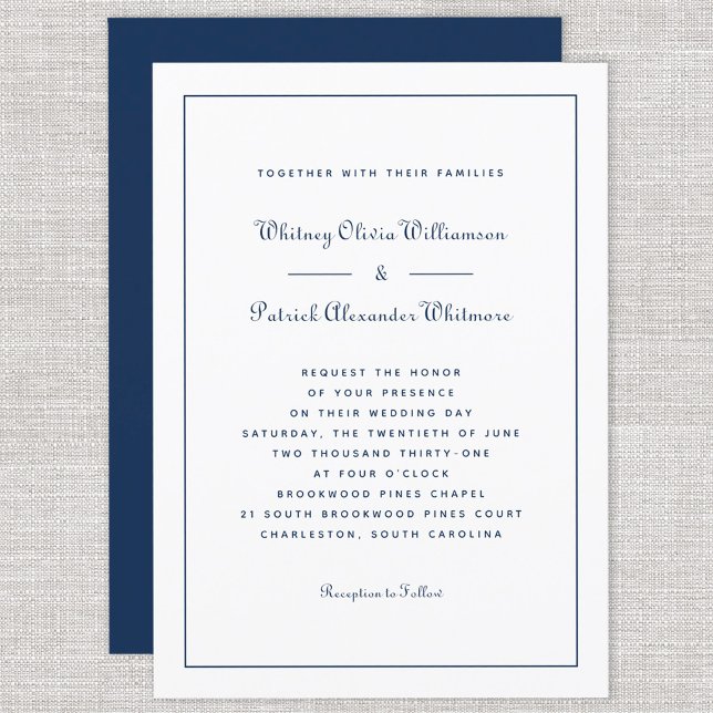 Convite Casamentos Formais Brancos do Marinho Clássico Ele (Elegant Script Classic Navy White Formal Weddings Invitation)