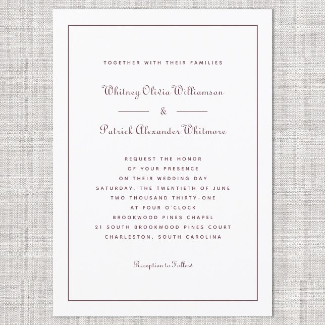 Convite Casamentos Formais Clássicos de Borgonha Clássica  (Elegant Script Classic Burgundy Formal Weddings Invitation)