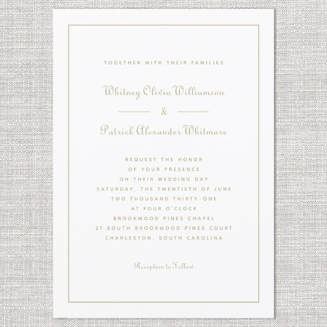 Convite Casamentos Formais Dourados Clássicos Brancos  com (Elegant Script Classic White Gold Formal Weddings Invitation)