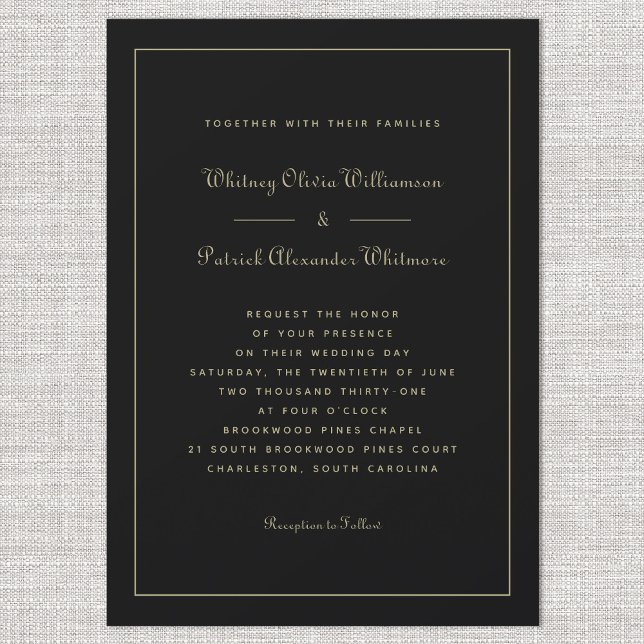 Convite Casamentos Formais Dourados Clássicos  com Script  (Elegant Script Classic Black Gold Formal Weddings Invitation)