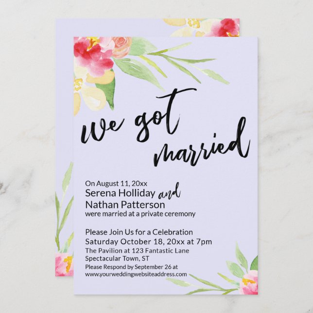 Convite Casamos com Flores de Aquarela na Lavanda (Frente/Verso)