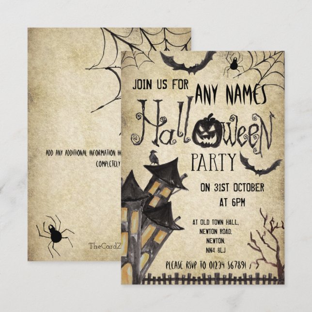 Convite Casas Assombradas Vintage Festa de Halloween (Frente/Verso)