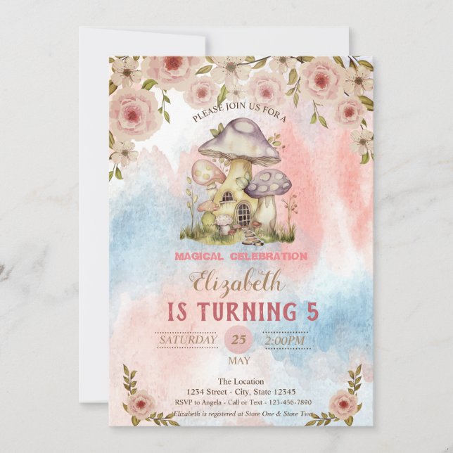 Convite Casas de Cogumelo Aquarela Flores Splash Aniversár (Frente)