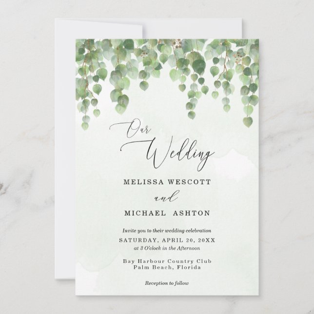 Convite Cascading Watercolor Eucalyptus Greenery Weding (Frente)