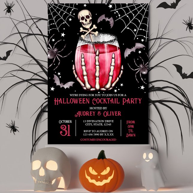 Convite Cascas e teias-de-aranha do Halloween (Halloween Cocktail Party Skulls and Spiderwebs Invitation)