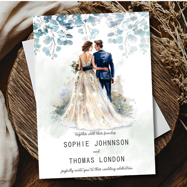 Convite Cascasal de casamento de eucalipto verde e poeira (Criador carregado)