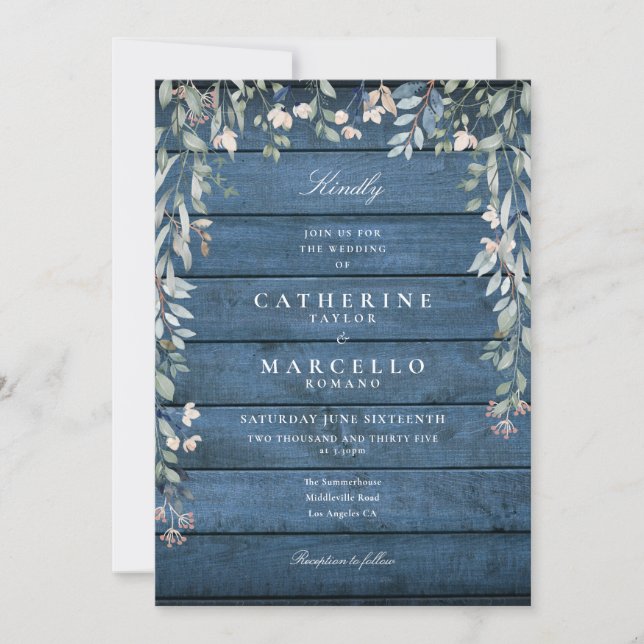 Convite Cascata Floral Rustic Blue Wood Casamento (Frente)