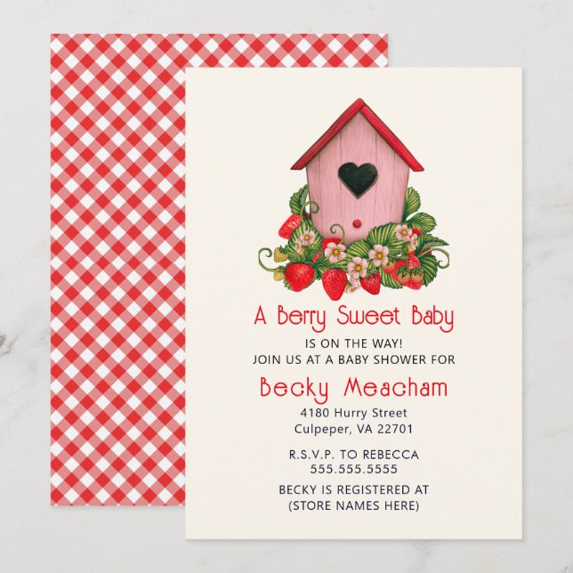 Convite Casinha de passarinho fofa em aquarela com morango (Frente/Verso)
