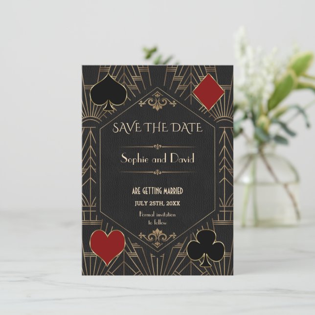 Convite Casino Gold Black Gatsby Wedding Save The Date (Em pé/Frente)