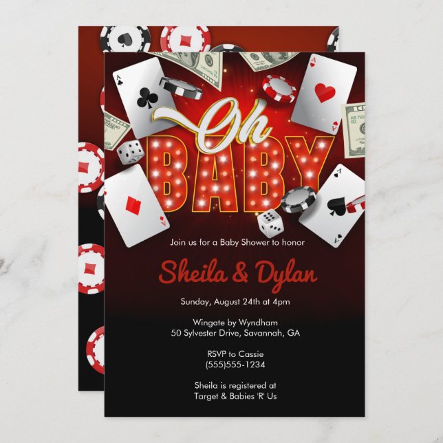 Convite Casino Invitation, Casino Theme Baby Shower, Poker (Frente/Verso)