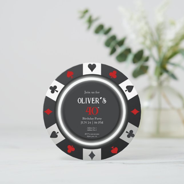 Convite Casino Las Vegas Poker Chip Birthday (Em pé/Frente)
